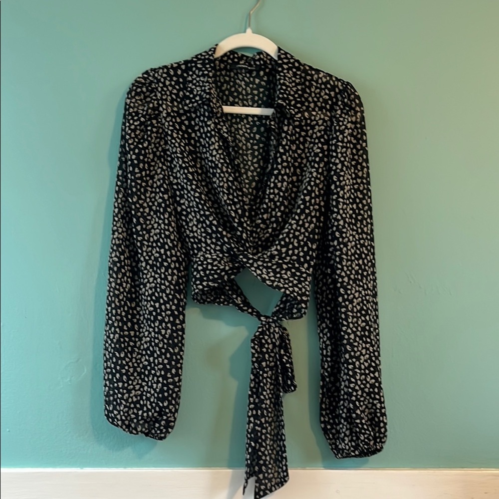 Cream & Black animal print-ish cropped sheer blouse
